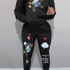 2-Pieces female | Printed Hooded Sweatshirt Two-Piece Set Black