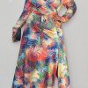 Dresses female | Printed Long Sleeve Slit Belt Plus Size Swing Dress Multicolor