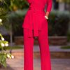 Jumpsuits & Rompers female | Temperament Solid Color 3/4 Length Sleeve Oblique Collar Lace-Up Jumpsuits Red