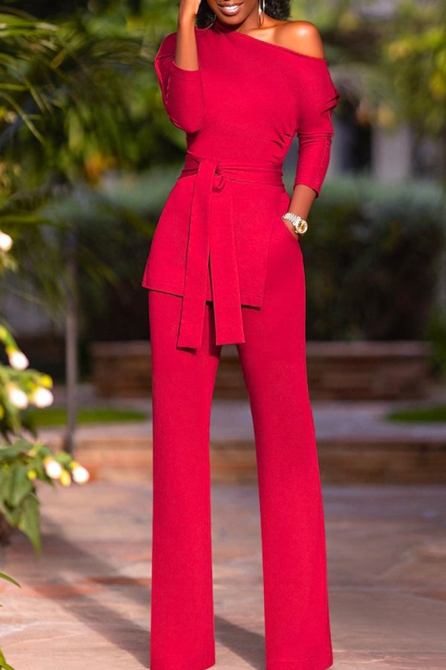 Jumpsuits & Rompers female | Temperament Solid Color 3/4 Length Sleeve Oblique Collar Lace-Up Jumpsuits Red