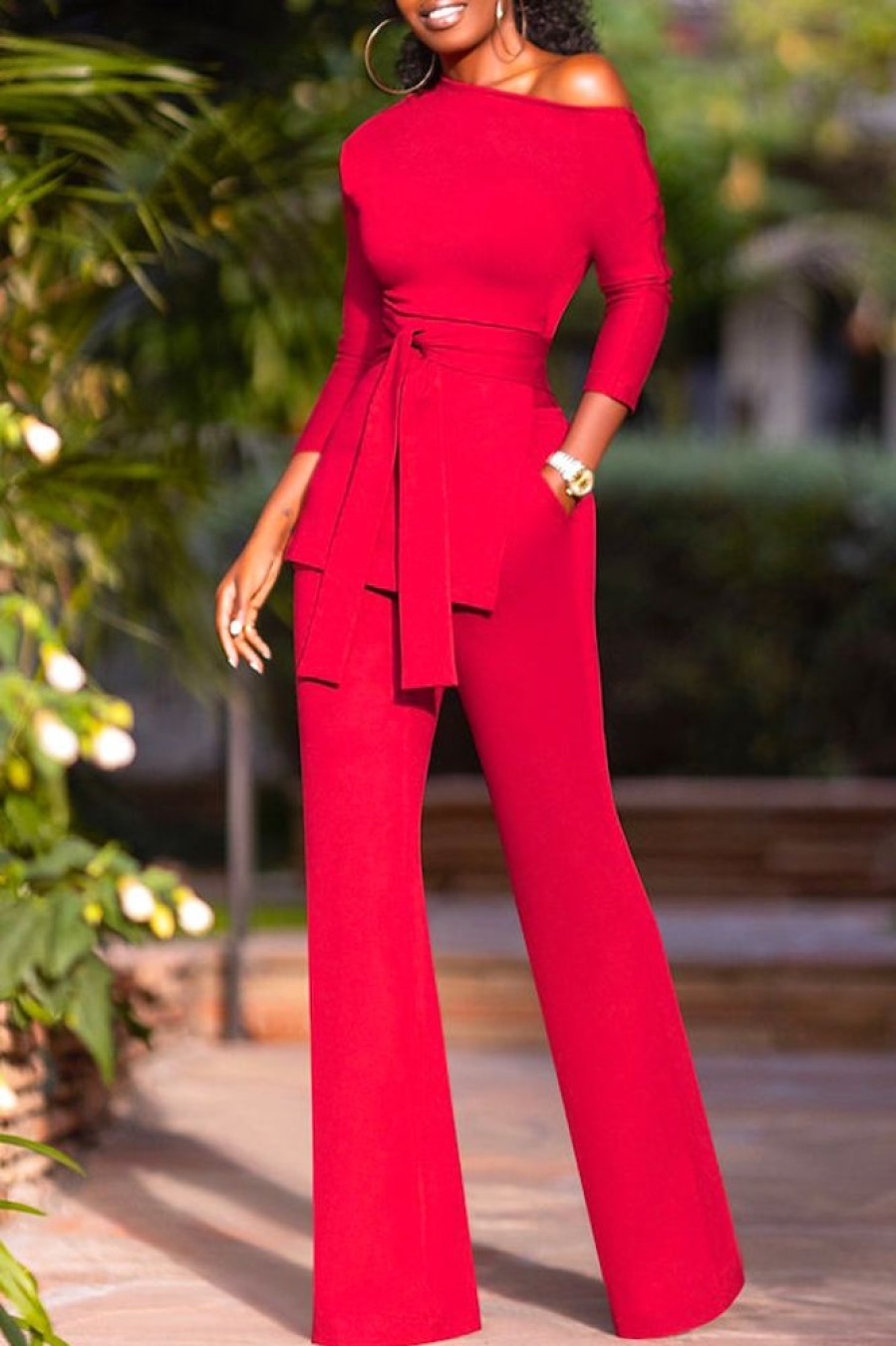 Jumpsuits & Rompers female | Temperament Solid Color 3/4 Length Sleeve Oblique Collar Lace-Up Jumpsuits Red