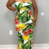 Dresses female | Leaf Floral Print Off-The-Shoulder Maxi Dress Green