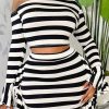 2-Pieces female | Sexy Stripe Print Oblique Collar Long Sleeve T-Shirt Ruffle Short Skirt Suits Black