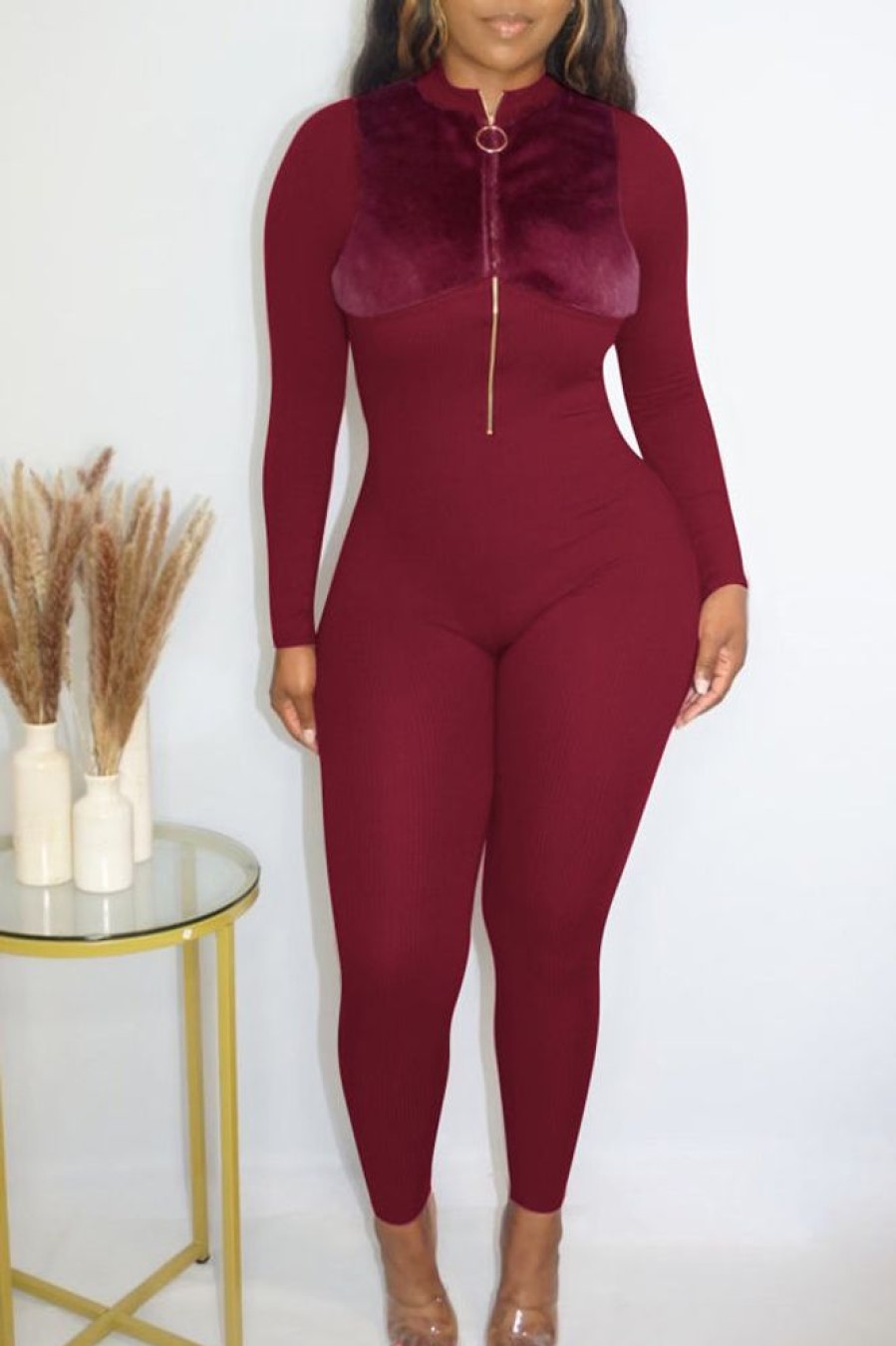 Jumpsuits & Rompers female | New Solid Color Zip Plush Slim Fit Jumpsuit