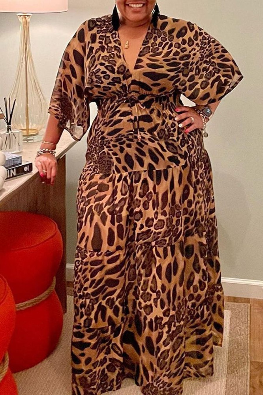 Dresses female | Plus Size Leopard V-Neck Tiered Chiffon Maxi Dress Leopard Print