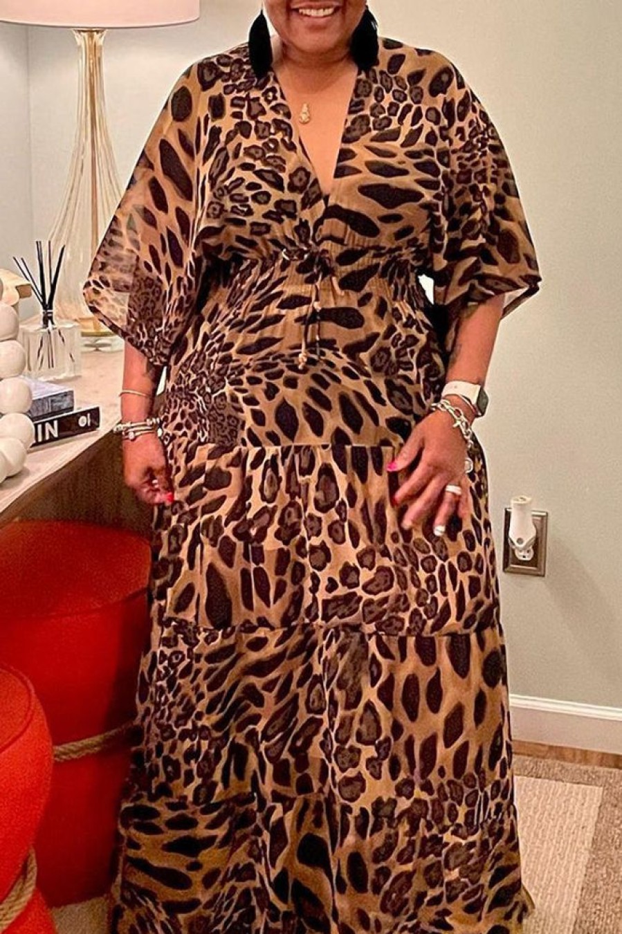 Dresses female | Plus Size Leopard V-Neck Tiered Chiffon Maxi Dress Leopard Print