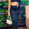 2-Pieces female | Sexy Babes Solid Color Unilateral Long Sleeve Crop Top High Waist Chiffon Skirt Set Black