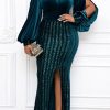 Dresses female | Sexy Velour V Neck Sequin Fork Opening Plus Size Maxi Dress Green