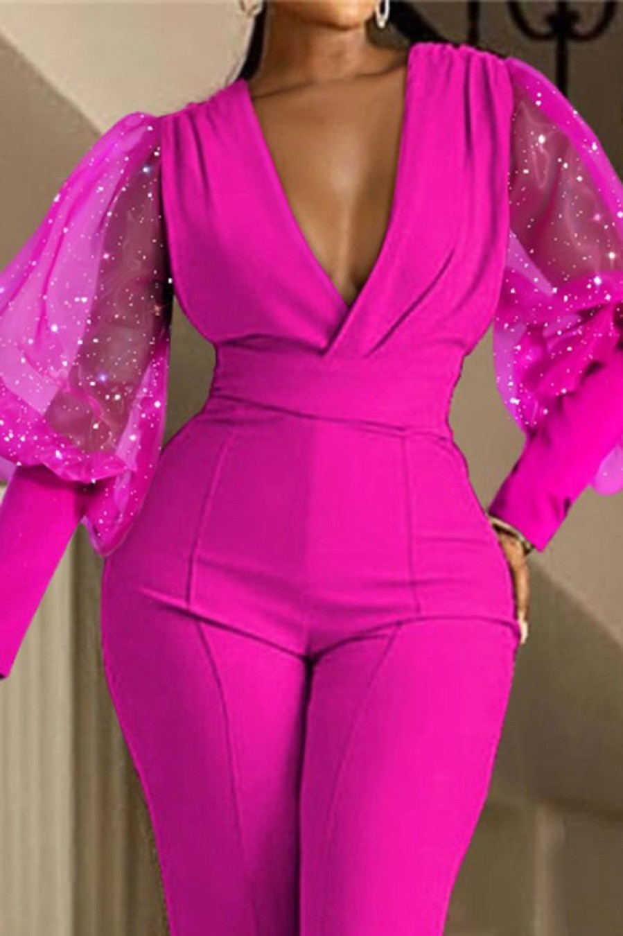 Jumpsuits & Rompers female | V-Neck High Waist Mesh Panel Long Sleeve Slim Fit Jumpsuit