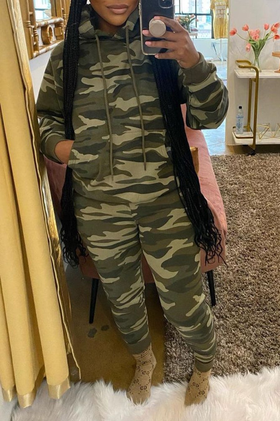 2-Pieces female | Casual Camo Hood Drawstring Pocket 2 Piece Set