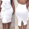 Dresses female | Pretty Solid Halter Ruffled Backless Midi Dress White