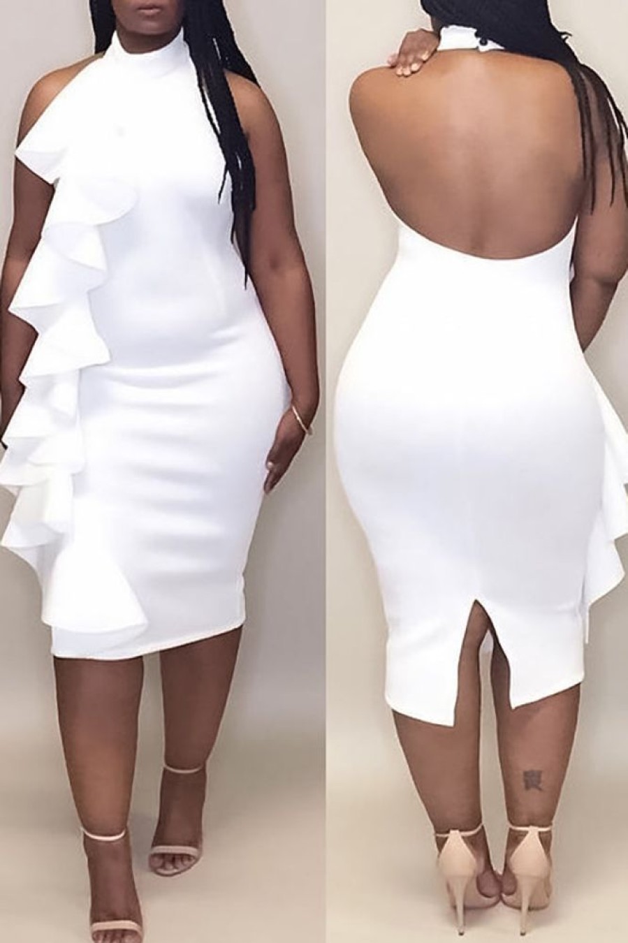 Dresses female | Pretty Solid Halter Ruffled Backless Midi Dress White