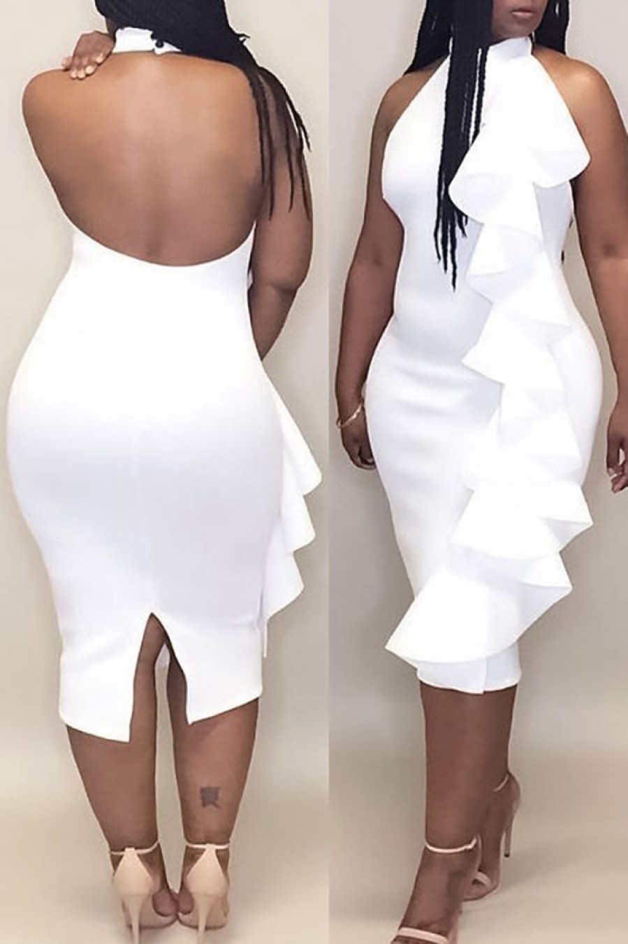 Dresses female | Pretty Solid Halter Ruffled Backless Midi Dress White