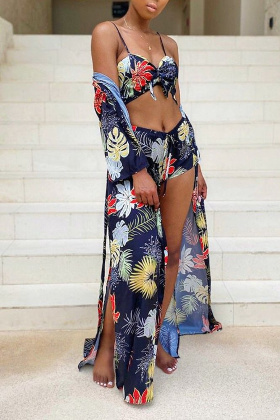 Swimwear female | Beach Leaf Print Three Piece Swimsuit