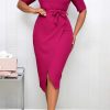 Dresses female | Commuter Solid Color Round Neck Half Sleeve Lace Up Slit Midi Dress