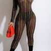 Jumpsuits & Rompers female | Sexy Mesh Panel Zip Long Sleeve Crew Neck Print Jumpsuit Black