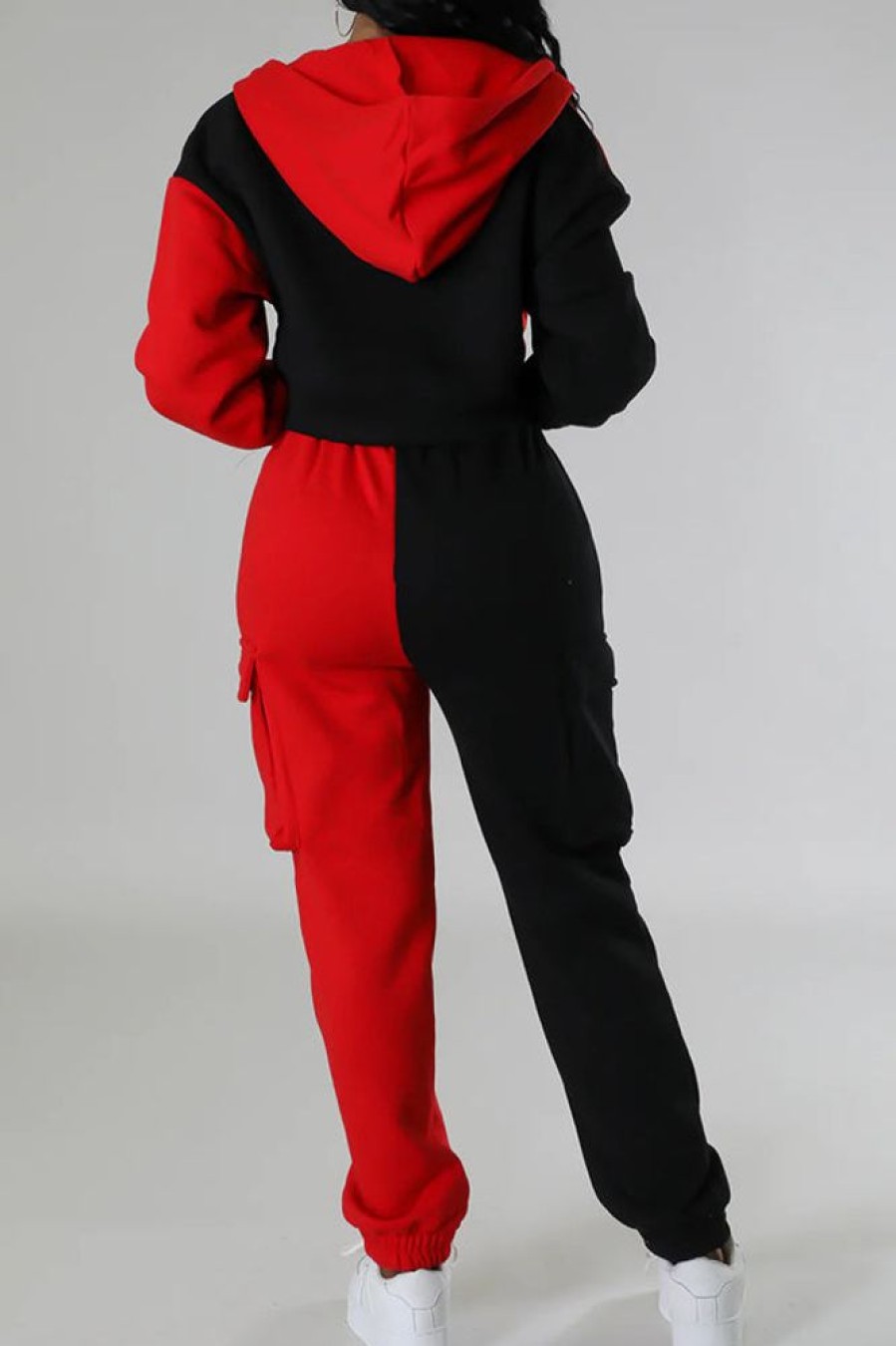 2-Pieces female | Casual Two-Color Splicing Zipper Short Hooded Jacket Pocket Pant Suits