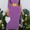 2-Pieces female | Sexy One Shoulder Solid Color Lace-Up Top Metal Hoop Long Skirt Suits Purple