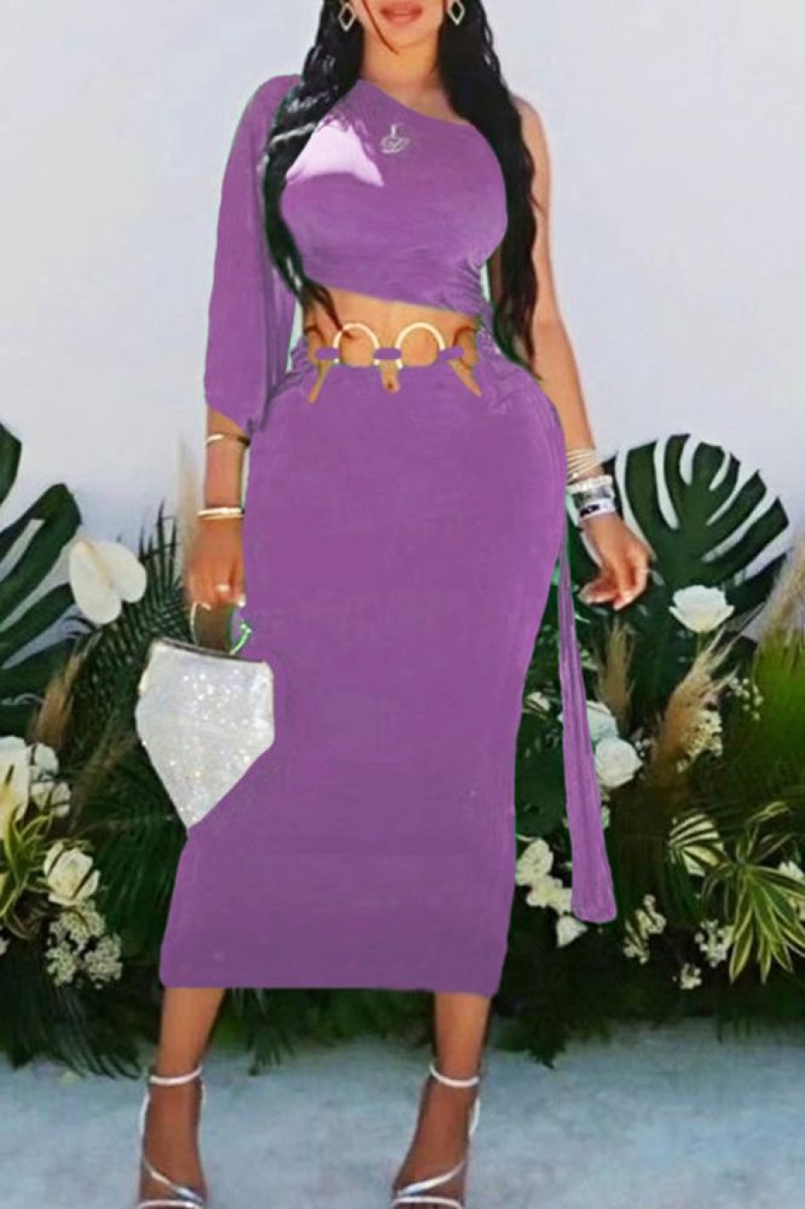 2-Pieces female | Sexy One Shoulder Solid Color Lace-Up Top Metal Hoop Long Skirt Suits Purple