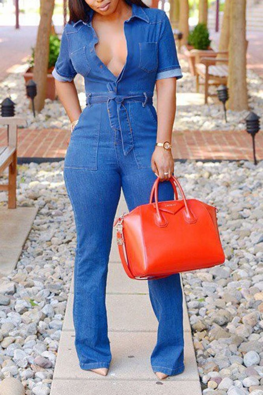 Jumpsuits & Rompers female | Fashion Lapel Short Sleeve Denim Jumpsuit Navy Blue