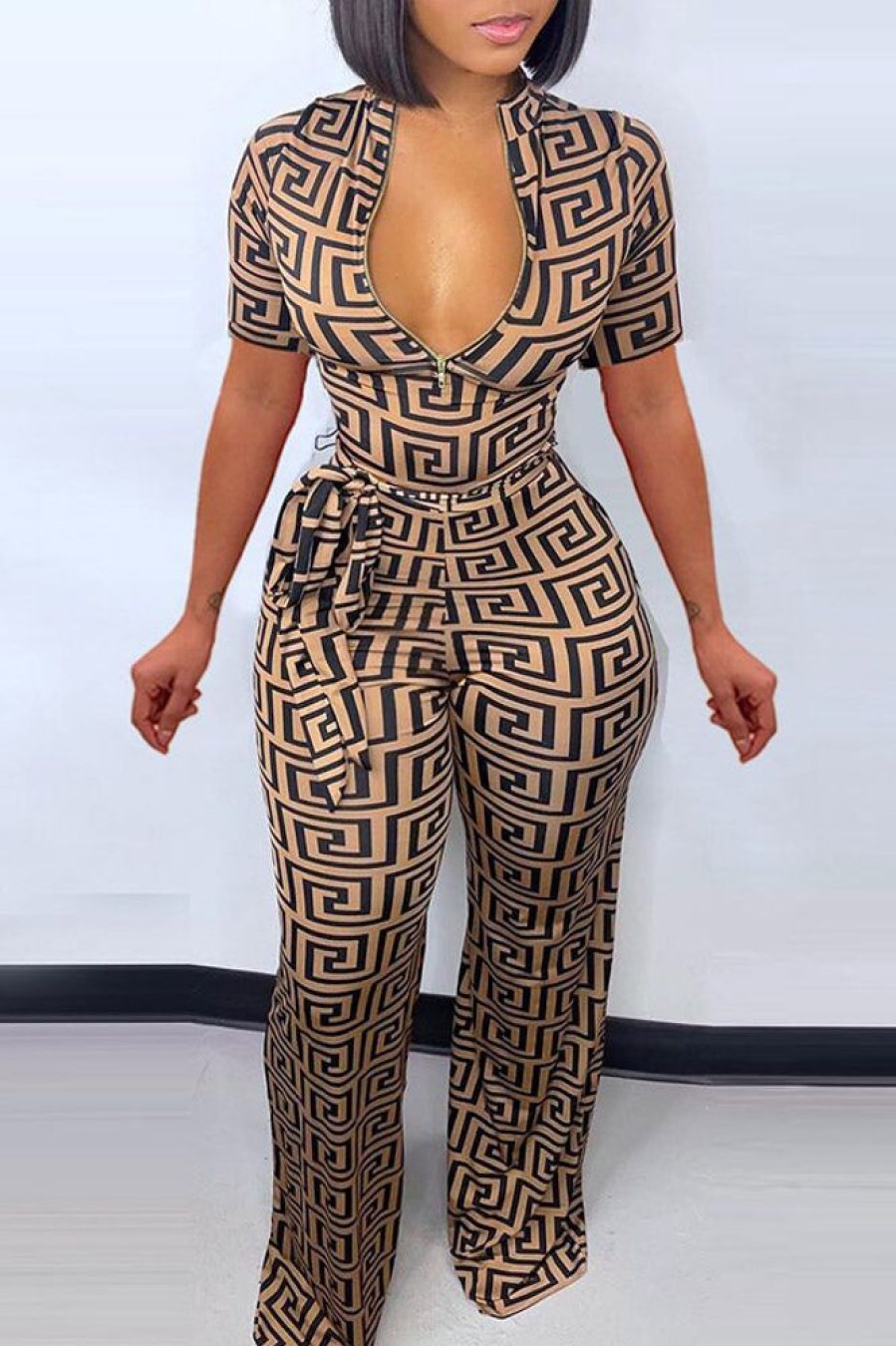 Jumpsuits & Rompers female | Fashion Print Zip Collar Tie Waist Jumpsuit Khaki