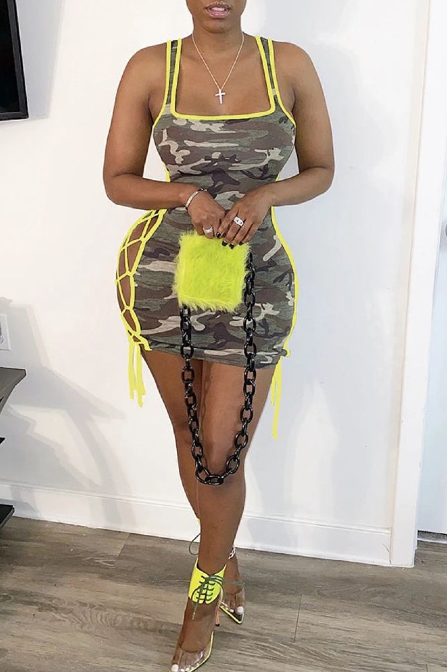 Dresses female | Fashion Camouflage Lace Up Mini Dress Army Green