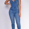 Jumpsuits & Rompers female | Sexy Halter Button High Rise Skinny Denim Jumpsuit Blue