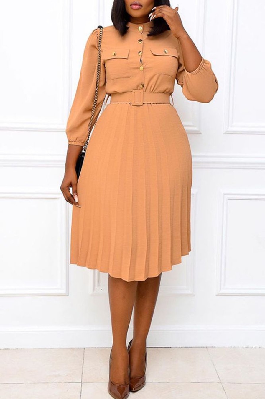 Dresses female | Commuter Single Breasted 3/4 Lenght Sleeve Pleated Midi Dress