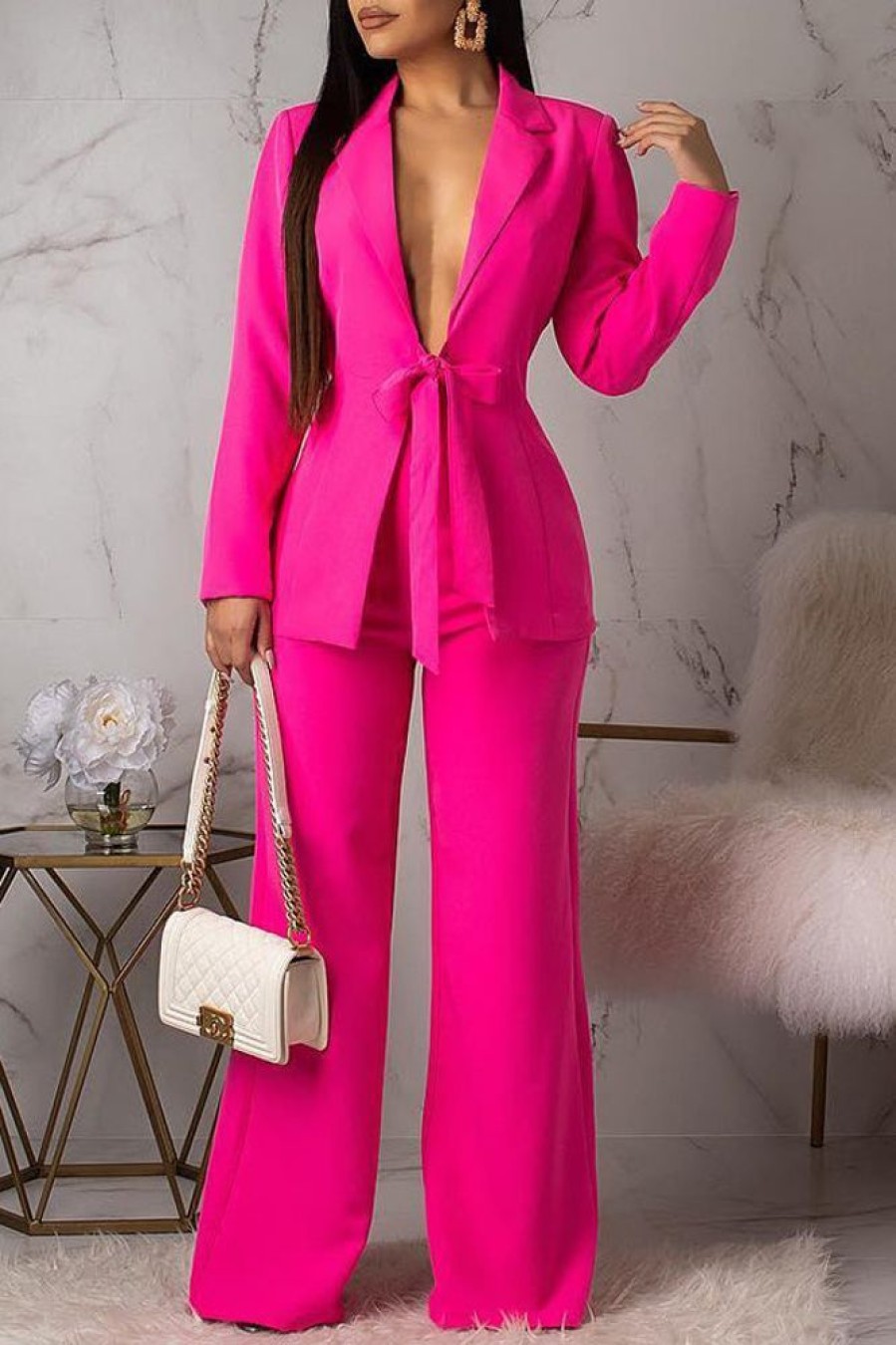 2-Pieces female | Commuter Solid Color Long Sleeve Deep V Neck Suit