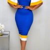 Dresses female | Commuter V-Neck Puff Sleeve Color Stitching Slim Fit Midi Dress