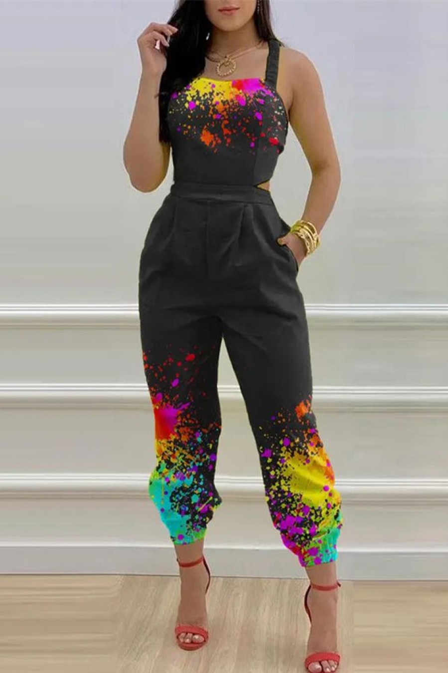 Jumpsuits & Rompers female | Fashion Print Halter Neck Pocketed Plus Size Jumpsuit