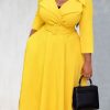 Dresses female | Temperament Long Sleeve Lapel Solid Color Belt Midi Dress