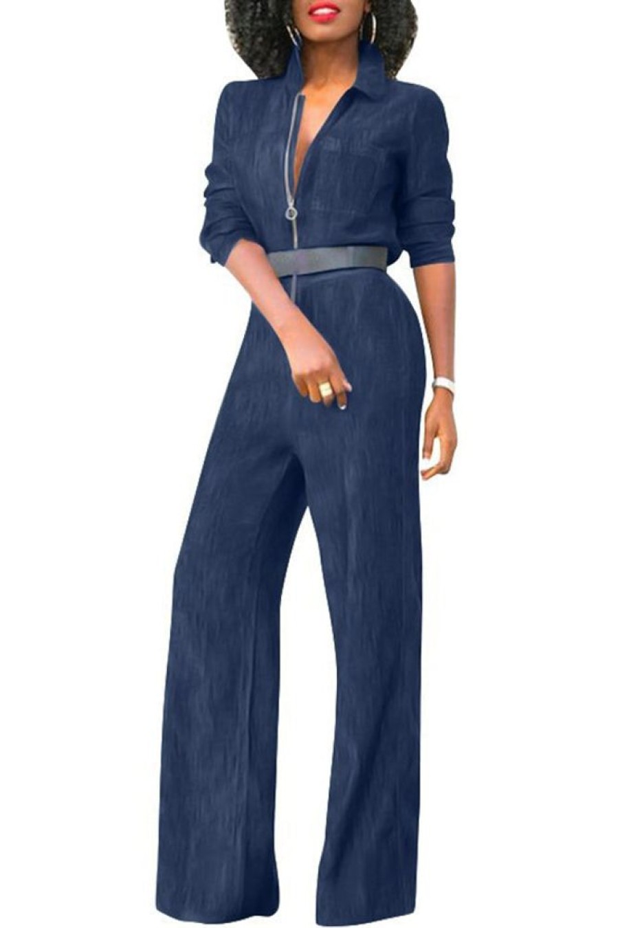 Jumpsuits & Rompers female | Plus Size Lapel Zipper Wide Leg Denims Jumpsuit No Belt