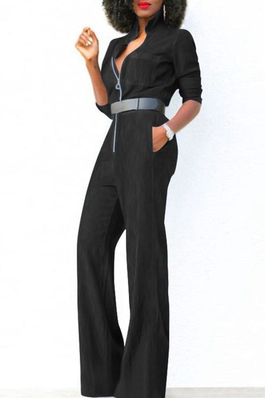 Jumpsuits & Rompers female | Plus Size Lapel Zipper Wide Leg Denims Jumpsuit No Belt