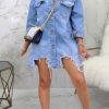 Tops & Outerwear female | Fashion Long Sleeve Pocket Single Breasted Ripped Mid Length Denim Jacket Blue