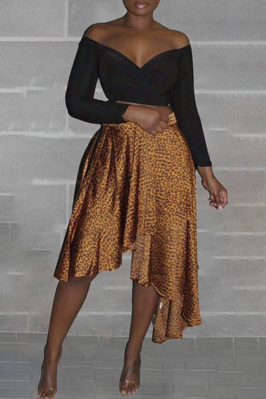 Bottoms female | Fashion Leopard Print High Waist Irregular A-Line Midi Skirt Gold