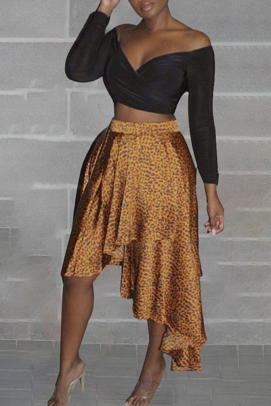 Bottoms female | Fashion Leopard Print High Waist Irregular A-Line Midi Skirt Gold