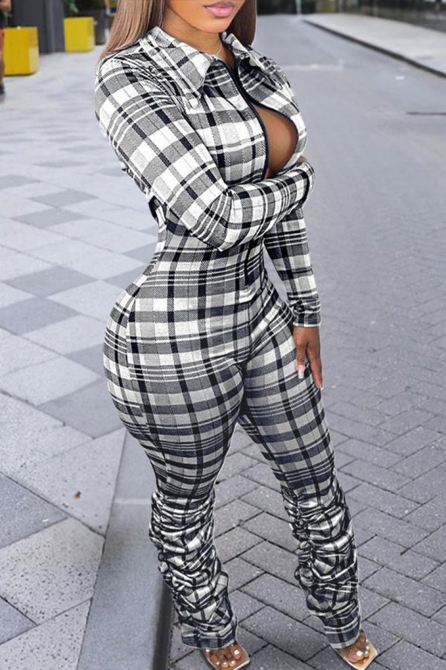 Jumpsuits & Rompers female | Casual Plaid Printed Lapel Slim Fit Pleated Zipper Jumpsuit