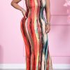 Dresses female | Colorful Striped Backless Drawstring Maxi Dress Red