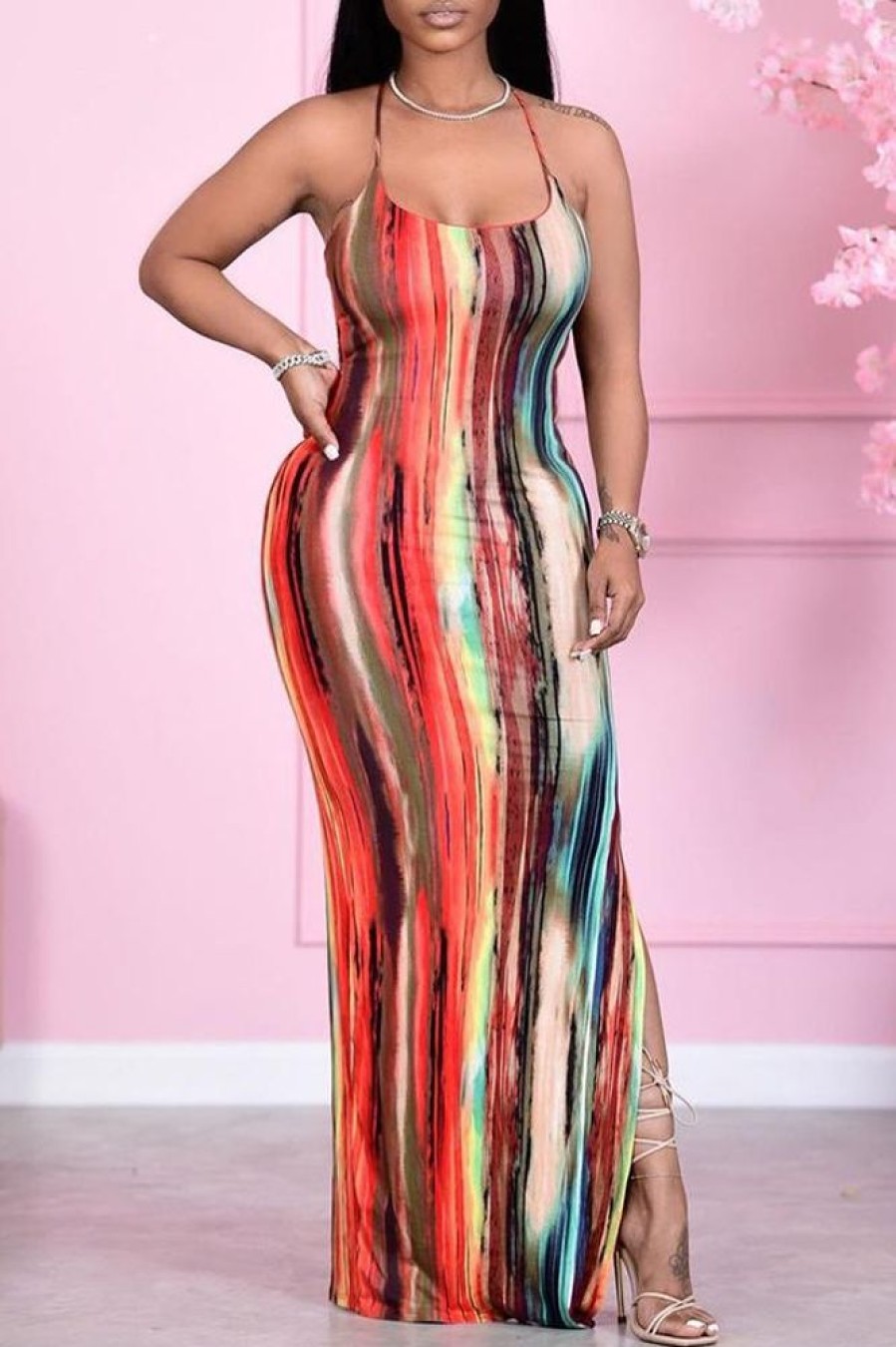 Dresses female | Colorful Striped Backless Drawstring Maxi Dress Red