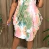 Dresses female | Loose Pleated Tie Dye Print Sleeveless Plus Size Midi Dress