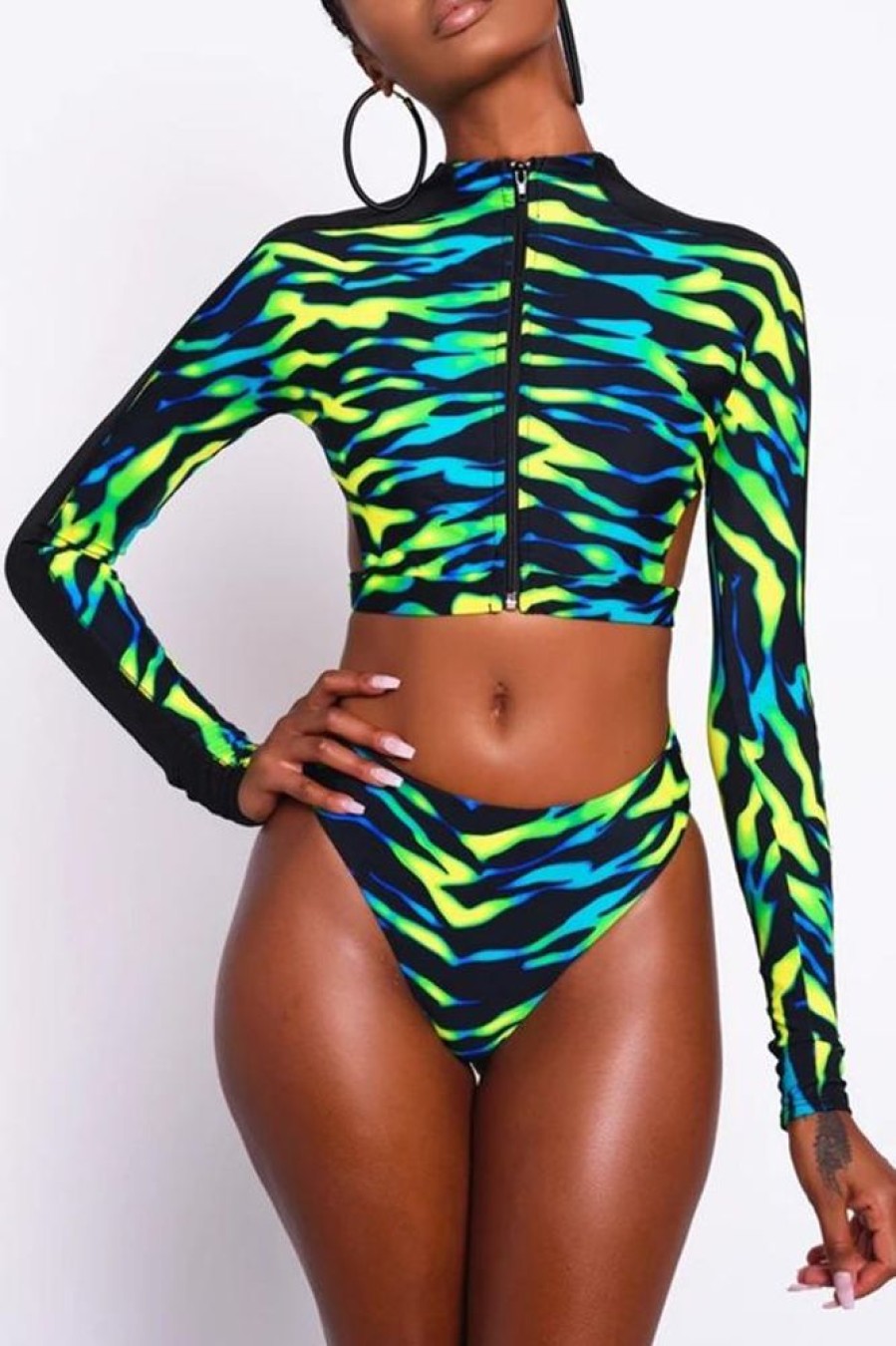 Swimwear female | Printed Halter Long Sleeve Two Piece Swimsuit