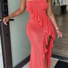 Dresses female | Elegant Ruffled Slit Wrap Bust Floor Mesh Maxi Dress Pink