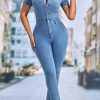 Jumpsuits & Rompers female | Classic Short Sleeve Slim-Fit Lapel Single Breasted Denim Jumpsuits