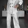 2-Pieces female | Fashion Line-Print Lapel Double-Breasted Blouse Straight-Leg Pant Suits White