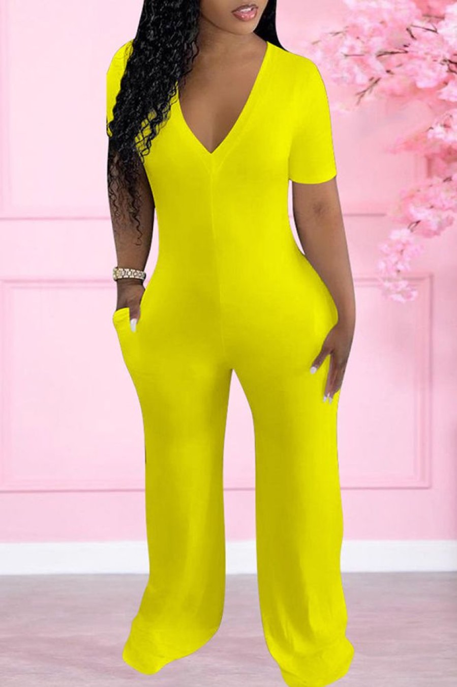 Jumpsuits & Rompers female | Casual V Neck Solid Color Short Sleeved Jumpsuit