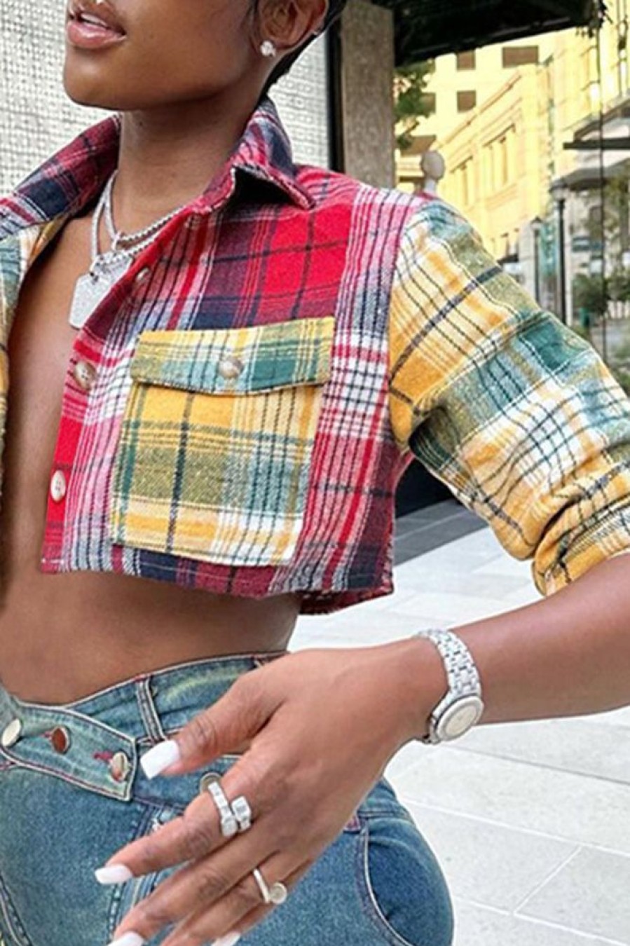 Tops & Outerwear female | Casual Pocket Long Sleeve Short Plaid Shirt Multicolor