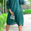 Dresses female | Plus Size Ruched Sleeve Pleated Midi Dress