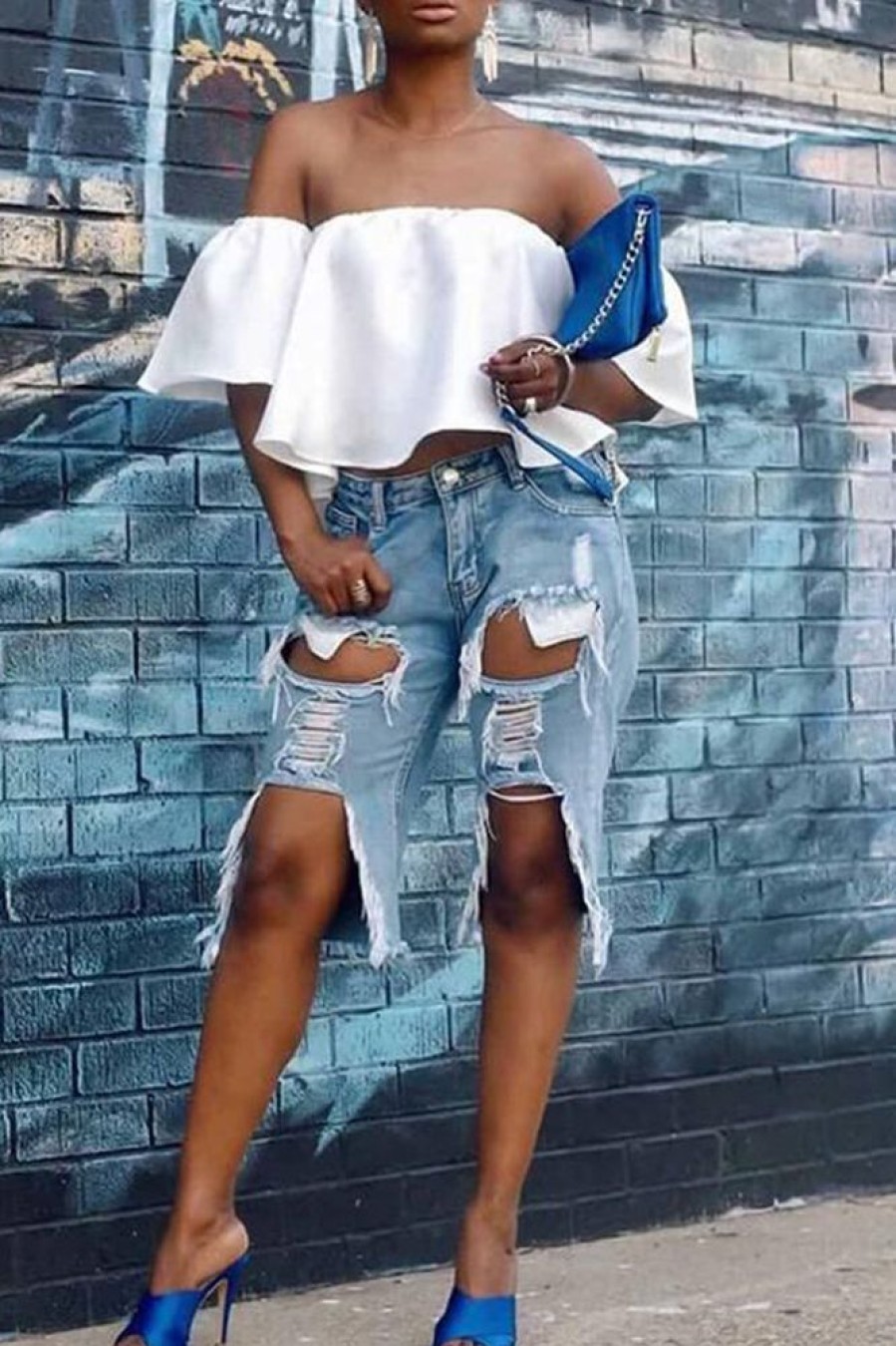 Bottoms female | Ripped Loose Straight Five-Point Denim Shorts Wathet Blue