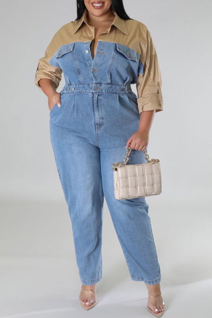 Jumpsuits & Rompers female | Casual Denim Contrasting Color Waist Jumpsuit